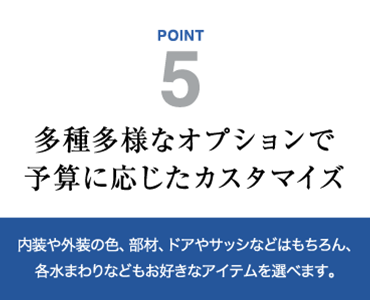 多種多様なオプションで予算に応じたカスタマイズ　内装や外装の色、部材、ドアやサッシなどはもちろん、各水まわりなどもお好きなアイテムを選べます。